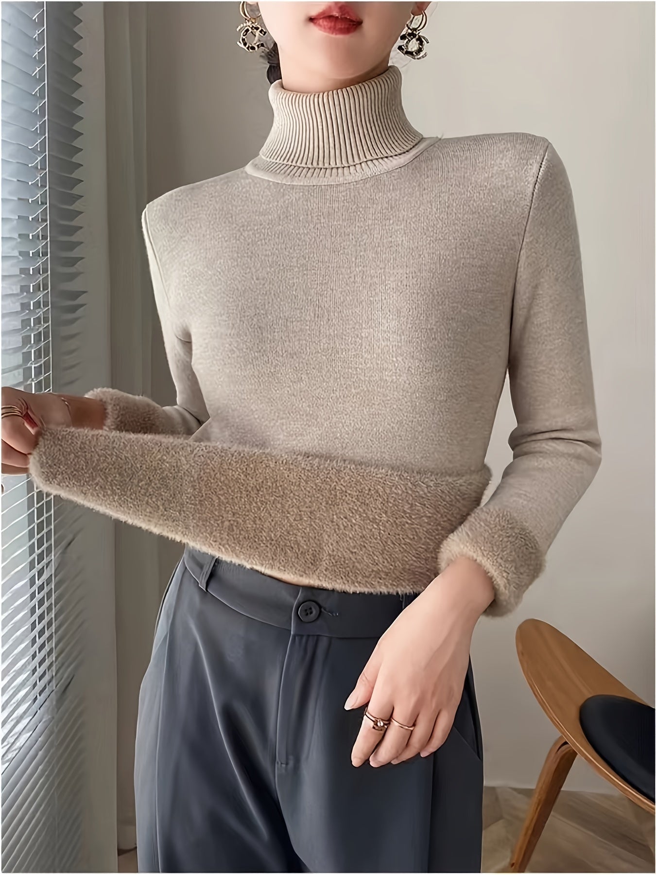 Suéter de Cuello Alto con Forro Polar para Mujer - Jersey Grueso y Tejido para Invierno, Blusa Larga Blanca con Escote Alto, Suave y Cálida para Combinar o Usar Sola