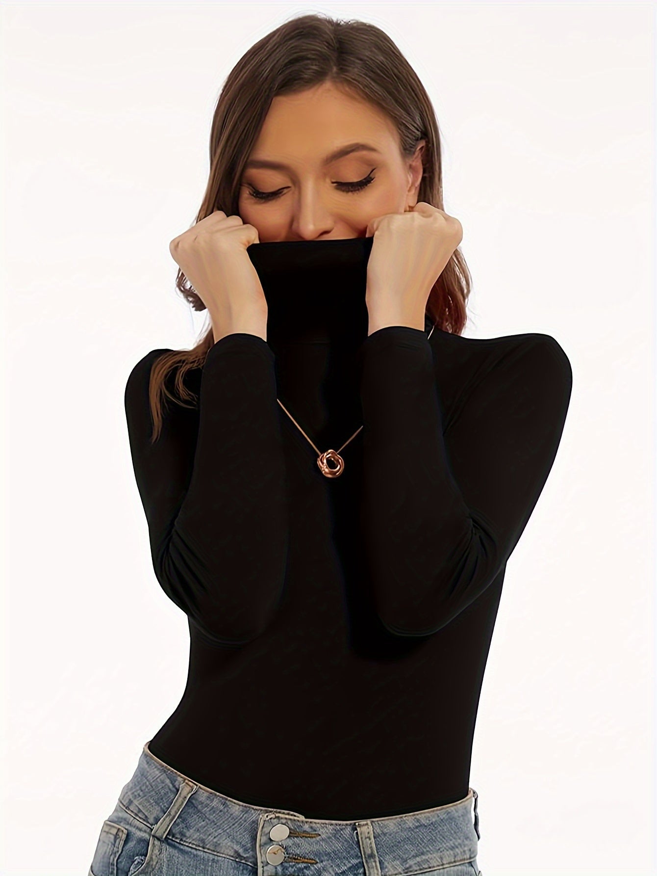 Ropa interior térmica de felpa sólida para otoño e invierno, camiseta ajustada de cuello alto de manga larga, ropa interior y lencería para mujer.