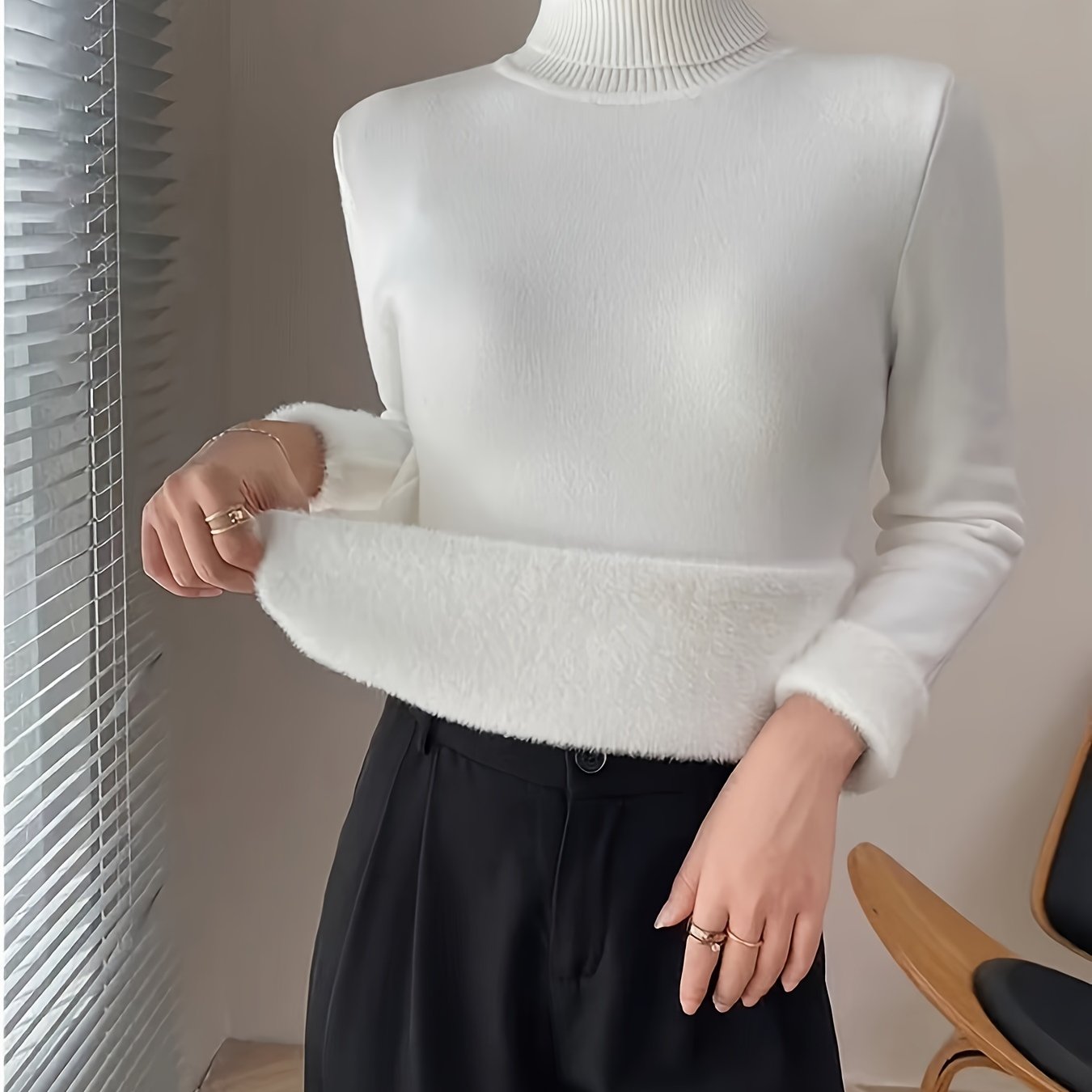 Suéter de Cuello Alto con Forro Polar para Mujer - Jersey Grueso y Tejido para Invierno, Blusa Larga Blanca con Escote Alto, Suave y Cálida para Combinar o Usar Sola
