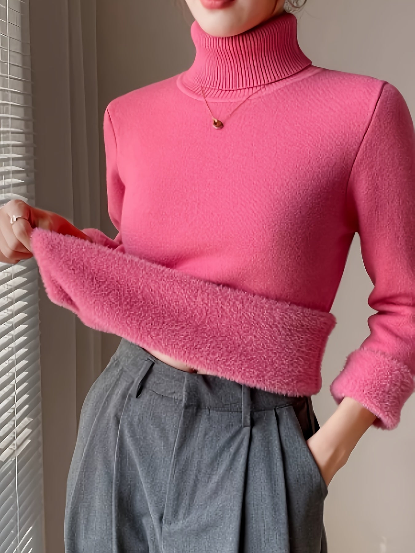 Suéter de Cuello Alto con Forro Polar para Mujer - Jersey Grueso y Tejido para Invierno, Blusa Larga Blanca con Escote Alto, Suave y Cálida para Combinar o Usar Sola