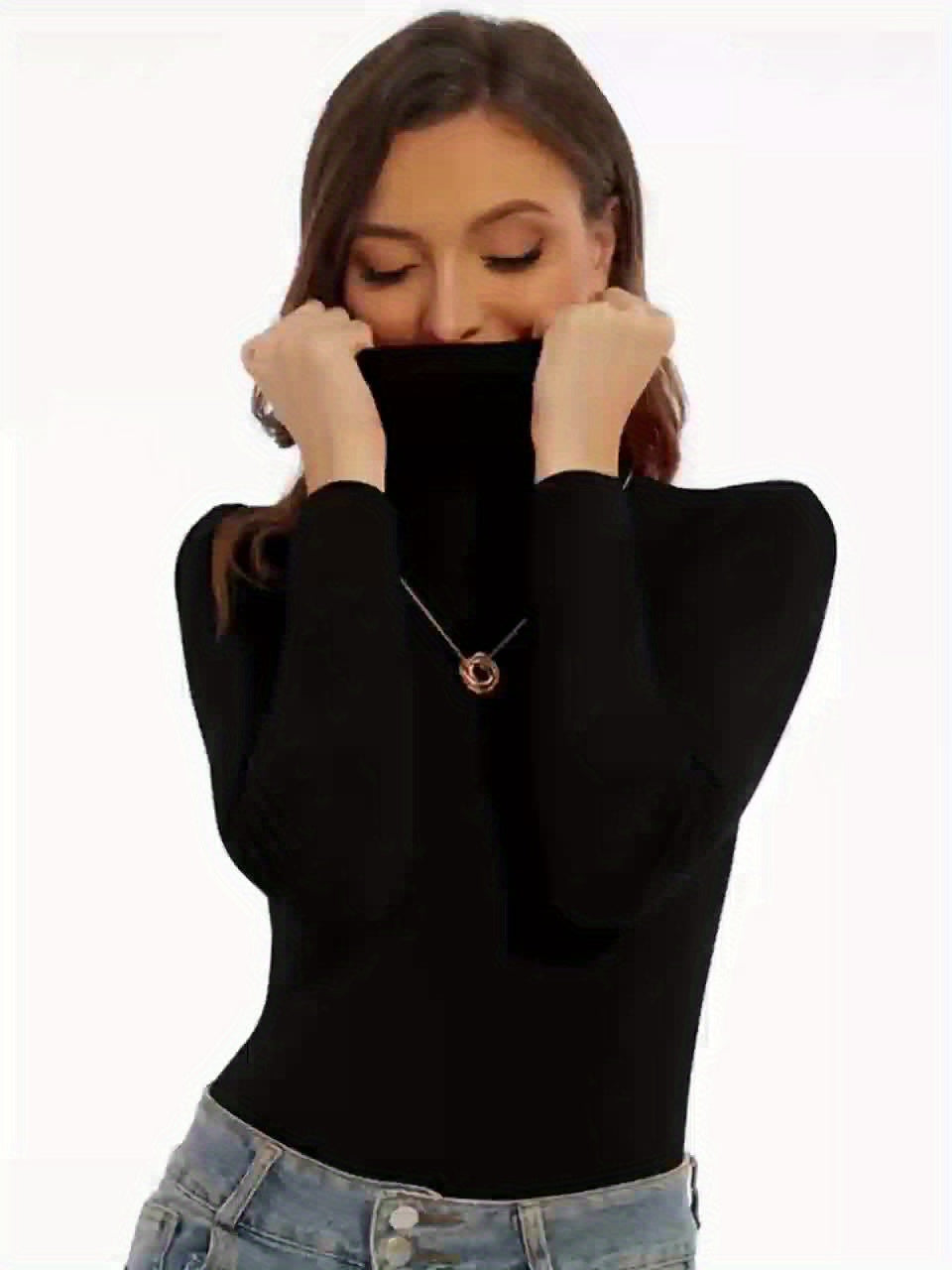 Ropa interior térmica de felpa sólida para otoño e invierno, camiseta ajustada de cuello alto de manga larga, ropa interior y lencería para mujer.