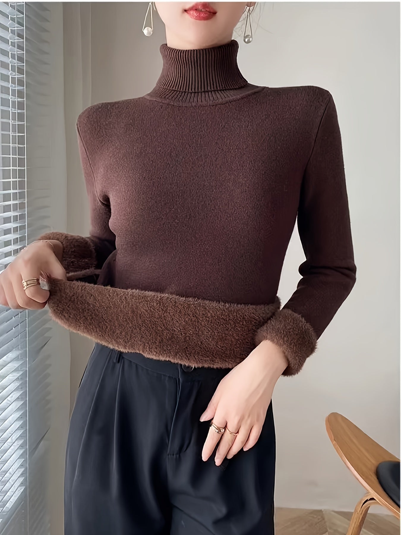 Suéter de Cuello Alto con Forro Polar para Mujer - Jersey Grueso y Tejido para Invierno, Blusa Larga Blanca con Escote Alto, Suave y Cálida para Combinar o Usar Sola