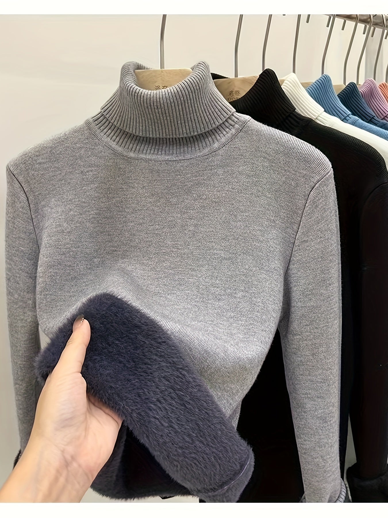Suéter de Cuello Alto con Forro Polar para Mujer - Jersey Grueso y Tejido para Invierno, Blusa Larga Blanca con Escote Alto, Suave y Cálida para Combinar o Usar Sola