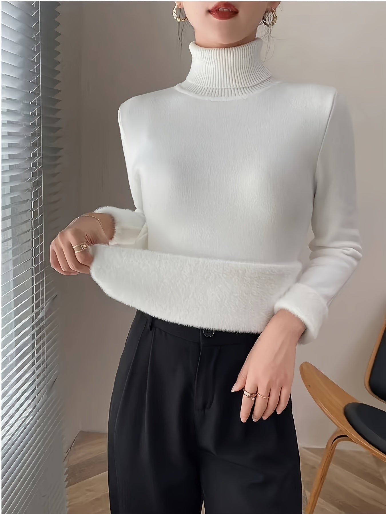 Suéter de Cuello Alto con Forro Polar para Mujer - Jersey Grueso y Tejido para Invierno, Blusa Larga Blanca con Escote Alto, Suave y Cálida para Combinar o Usar Sola